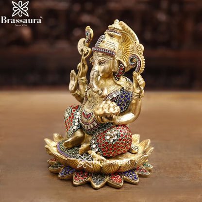 Brass Gem Stone Work Ganesha Weight 5.5 Kg & Height 9.5 Inch