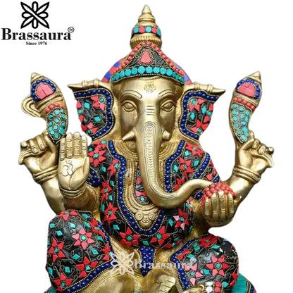 Brass Gem Stone Work Ganesha Statue Weight 11 Kg And Height 13.7 Inch
