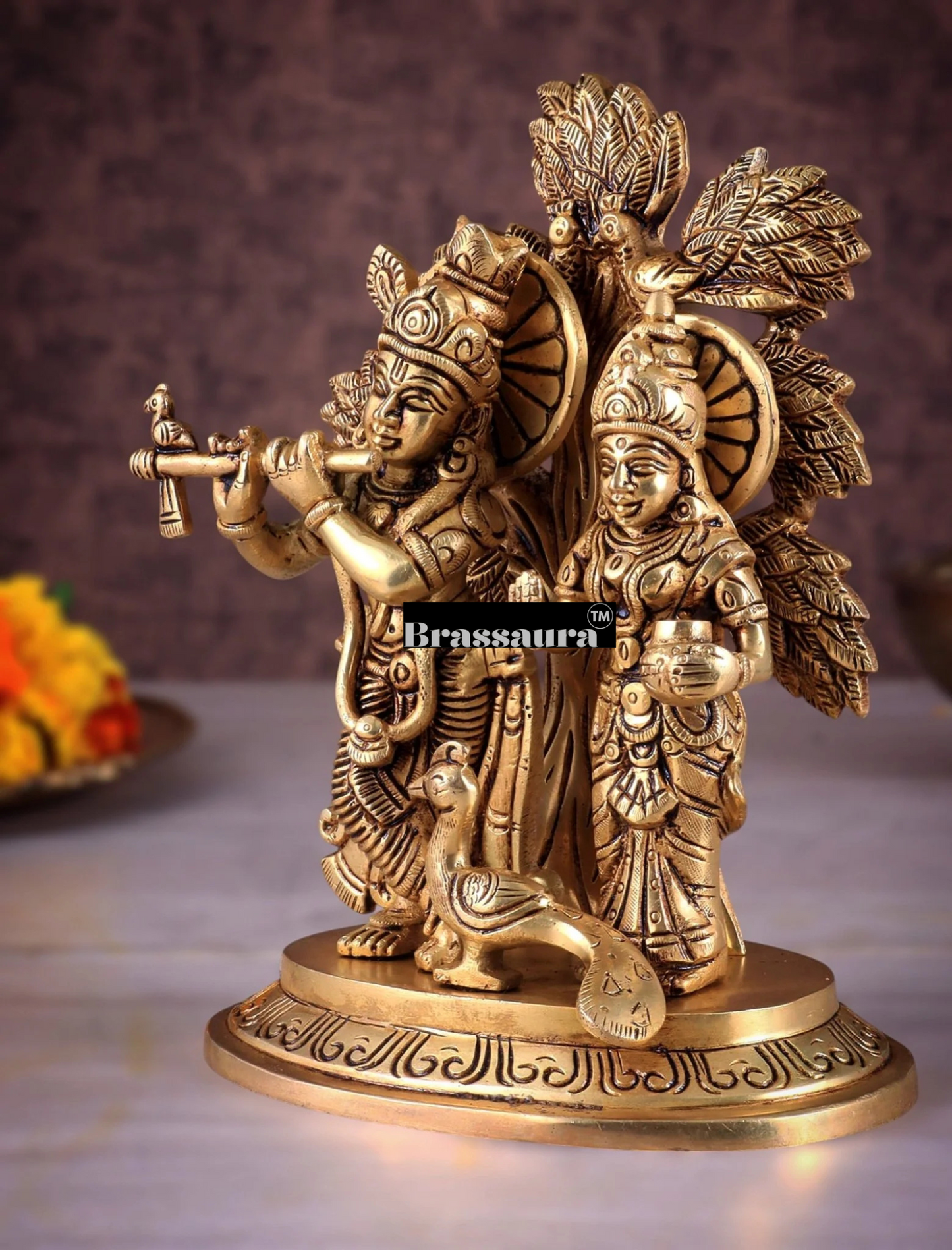 Brassaura™ Superfine Brass Radha Krishna Idol under Kalpavriksha – Height 8 Inches & Weight 2.377 Kgs | Elegant Devotional Statue