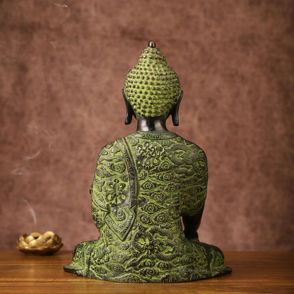 Brassaura™ Pure Brass Buddha Statue – Bhoomisparsha Nirvana Mudra with Dragon Carvings – Height 14 Inches, Weight 7 Kgs