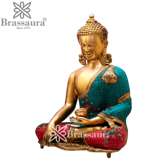 Brassaura® Buddha Sitting in Bhumisparsha Mudra with Turquoise & Red Inlay and Antique Gold Finish | Pure Superfine Brass Handcrafted Murti | Brass Statue for Home Temple, Pooja Room | Height 16 Inches | Weight 10.4 Kgs