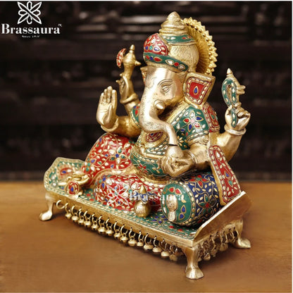 Brass Gem Stone Work Ganesha Weight 16 Kg & Height 15.5 Inch