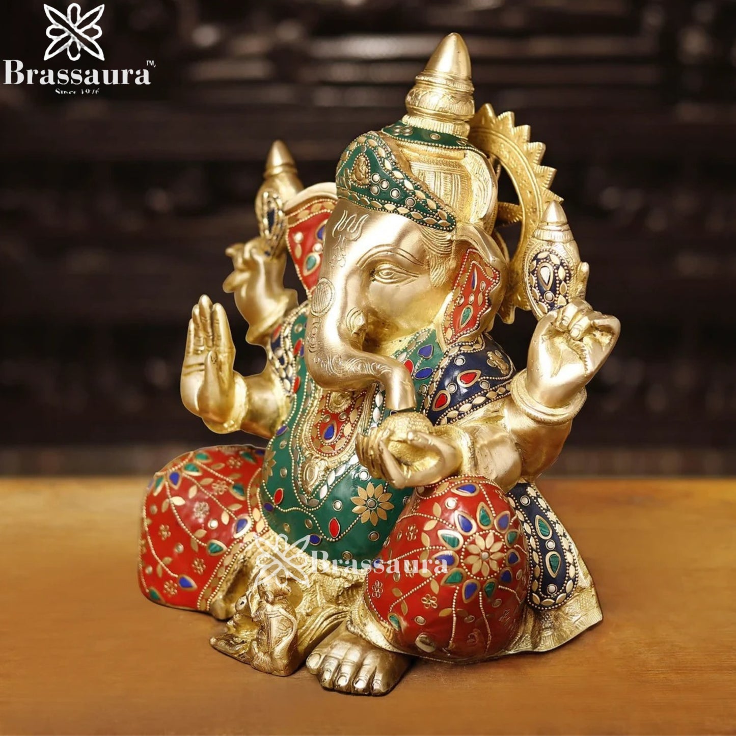 Brass Gem Stone Work Ganesha Weight 11.6 Kg & Height 13.5 Inch