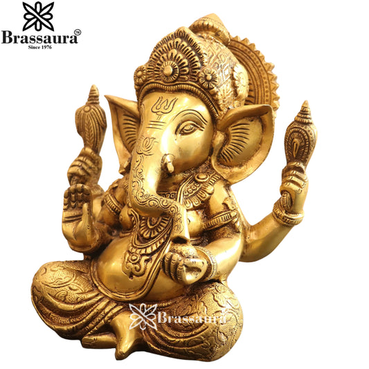Brassaura® Golden Brass Sitting Lord Ganesha | Brass Idol | Height 6 Inches