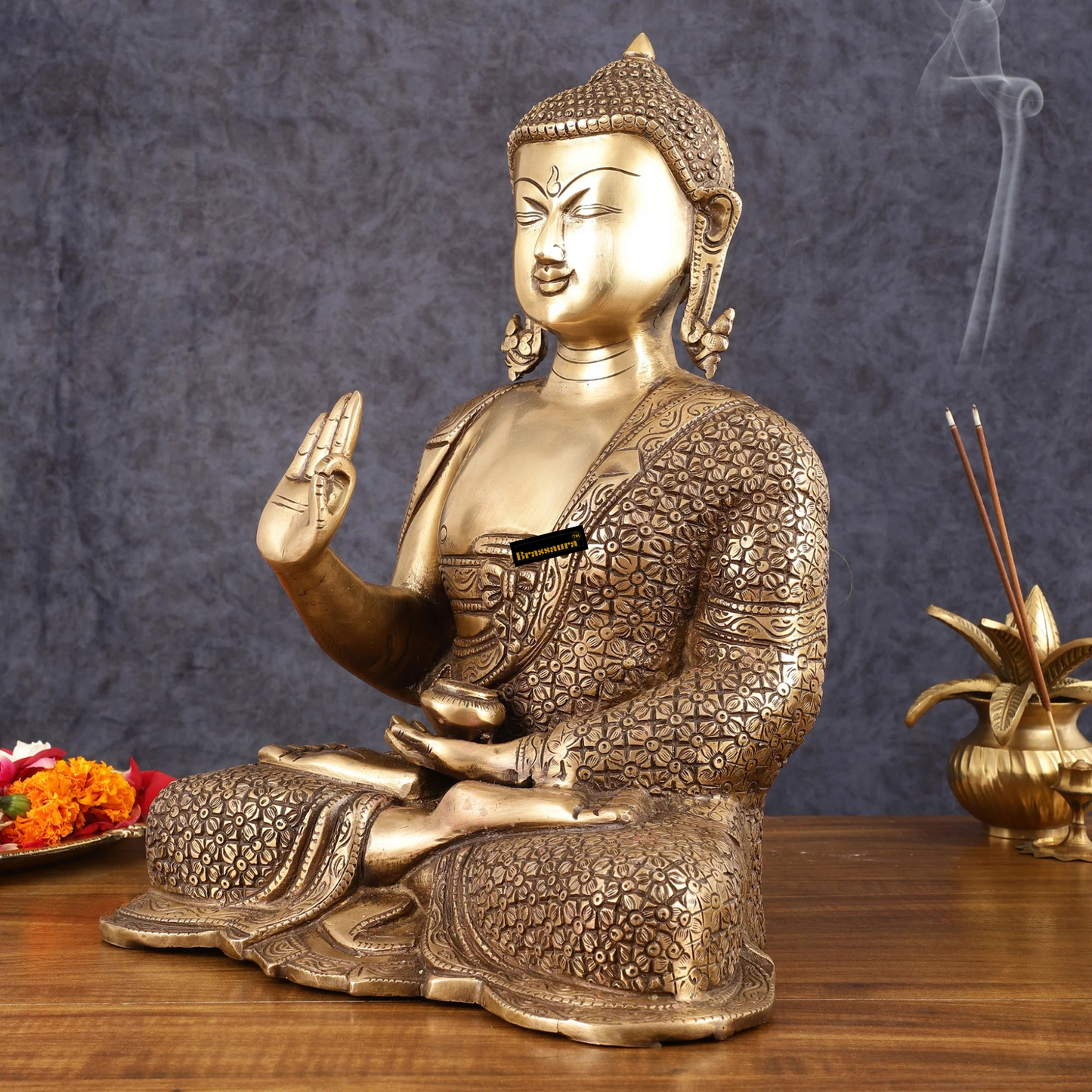 Brassaura™ Antique Burnt Brass Finish Buddha Idol – Height 15 Inches, Weight 14.01 Kgs