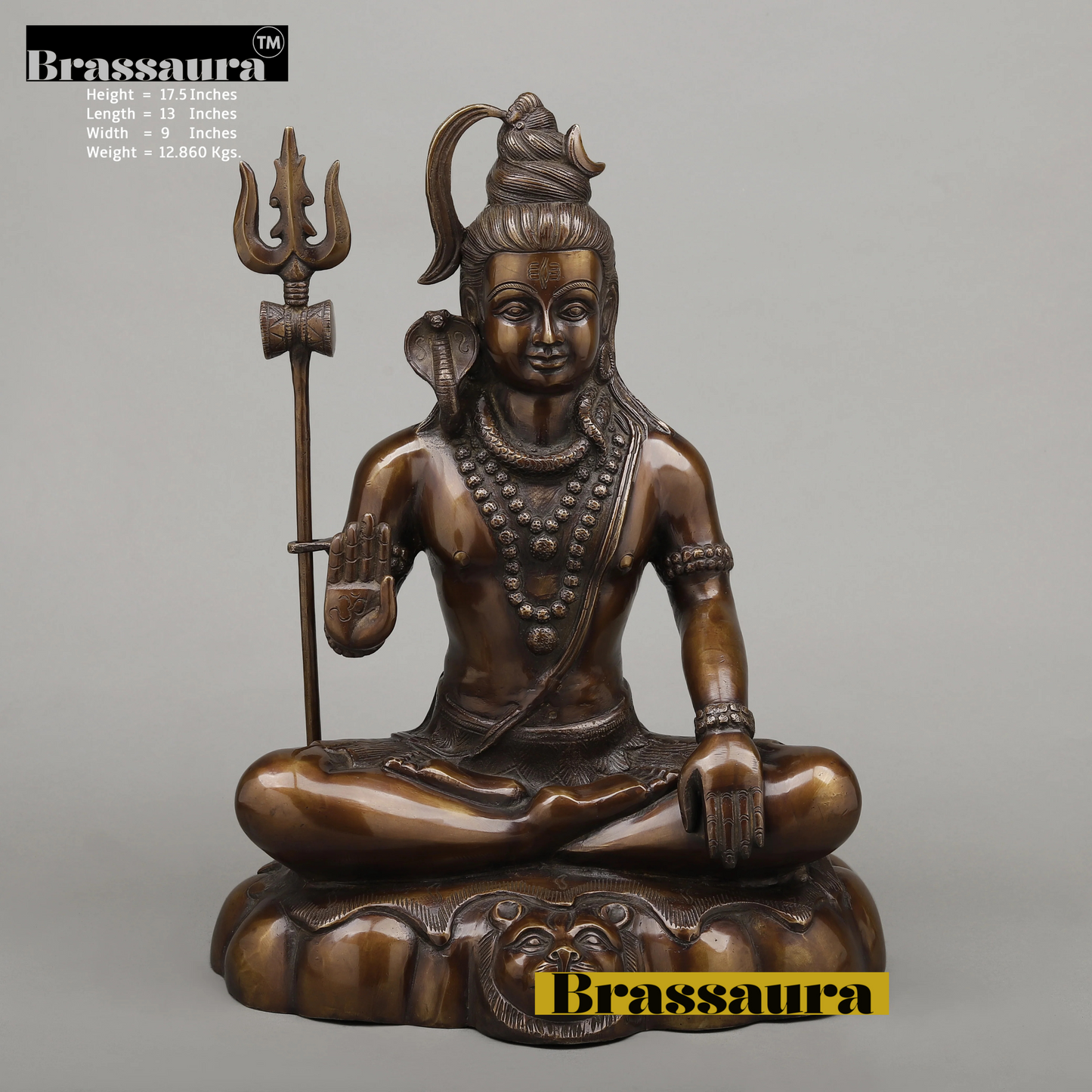 Brassaura™ Pure Brass Lord Shiva Idol – 17.5 Inch Height, 12.860 Kg Weight – Handcrafted Majestic Statue