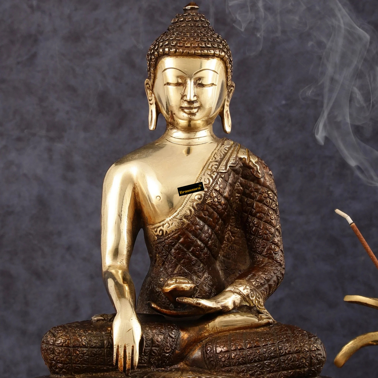 Brassaura™ Pure Brass Buddha Statue in Bhumi Nirvana Mudra – Height 10.5 Inches, Weight 3.33 Kgs