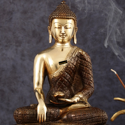 Brassaura™ Pure Brass Buddha Statue in Bhumi Nirvana Mudra – Height 10.5 Inches, Weight 3.33 Kgs