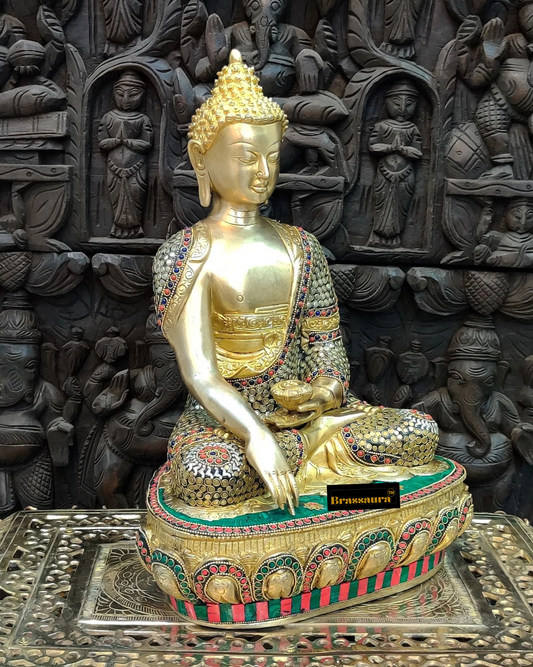 Brassaura™ Hand-Carved Brass Buddha Statue in Earth Touching Mudra – Height 16 Inches, Weight 11 Kgs