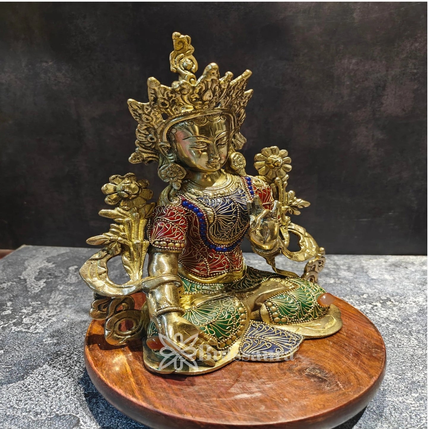 Brass Gem Stone Work Tara Weight 3.1 Kg & Height 11 Inch