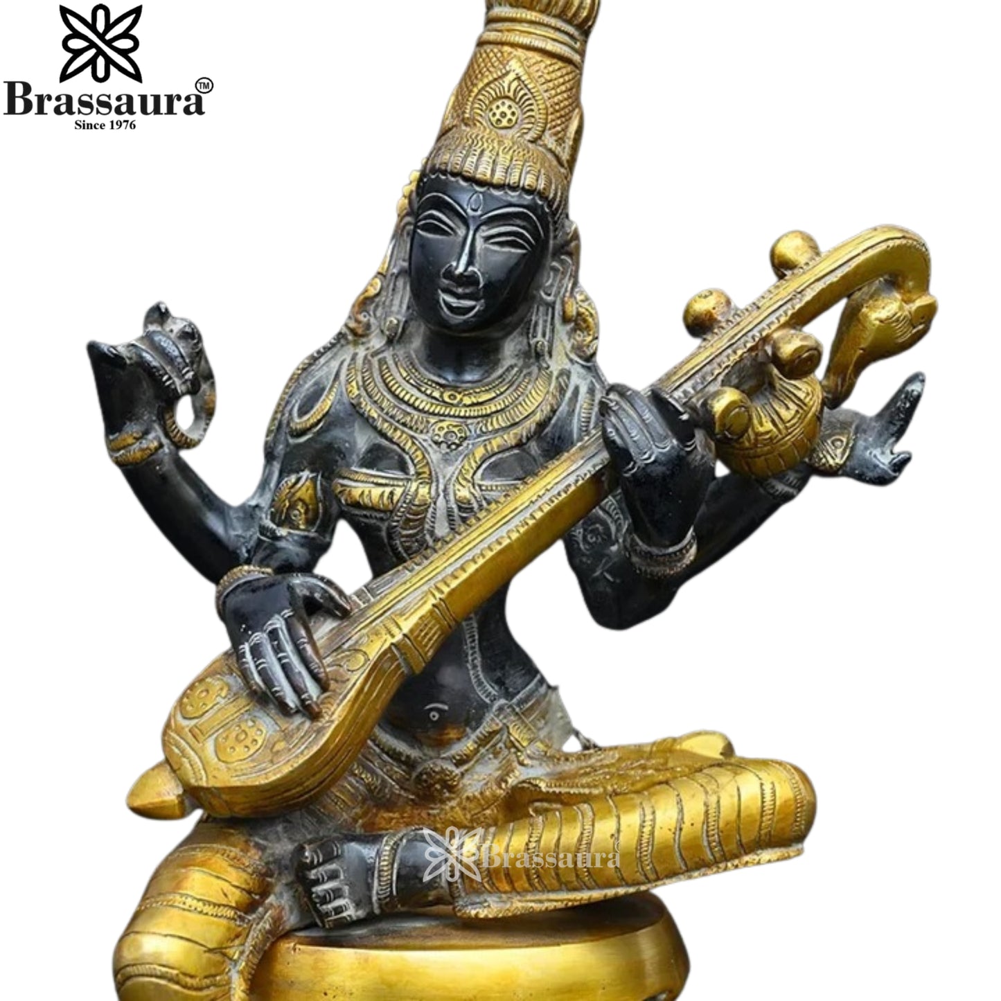 Brassaura™ Brass Saraswati Figurine – Height 12.2 Inches & Weight 4.59 Kgs | Artistic Goddess Statue