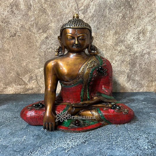 Brass Bhumisprasa Gem Stone Work Buddha Weight 6.4 kg & Height 12.5 Inch