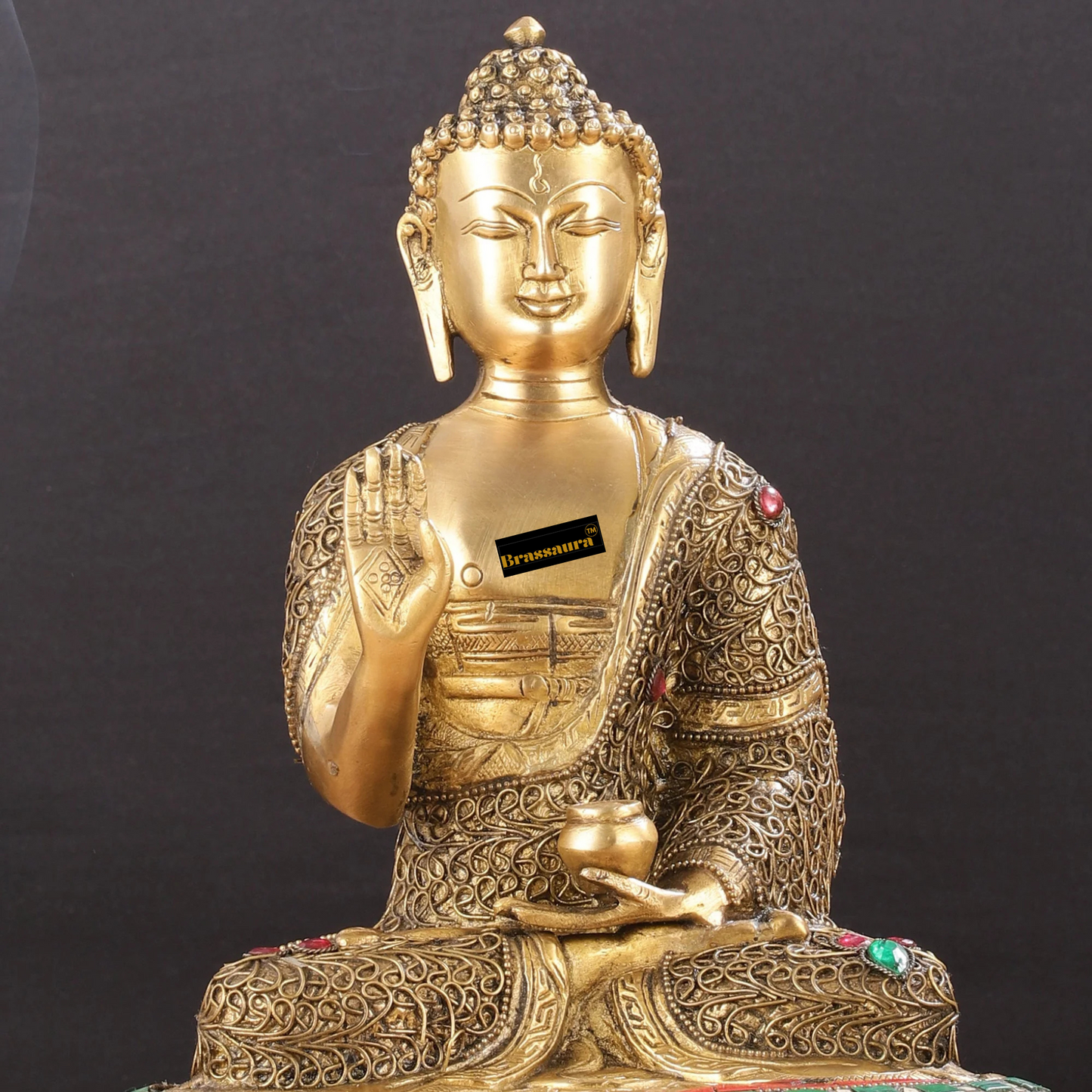 Brassaura™ Brass Buddha Statue with Stonework – Height 12 Inches & Weight 5.5 Kgs