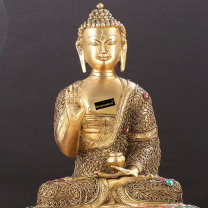 Brassaura™ Brass Buddha Statue with Stonework – Height 12 Inches & Weight 5.5 Kgs
