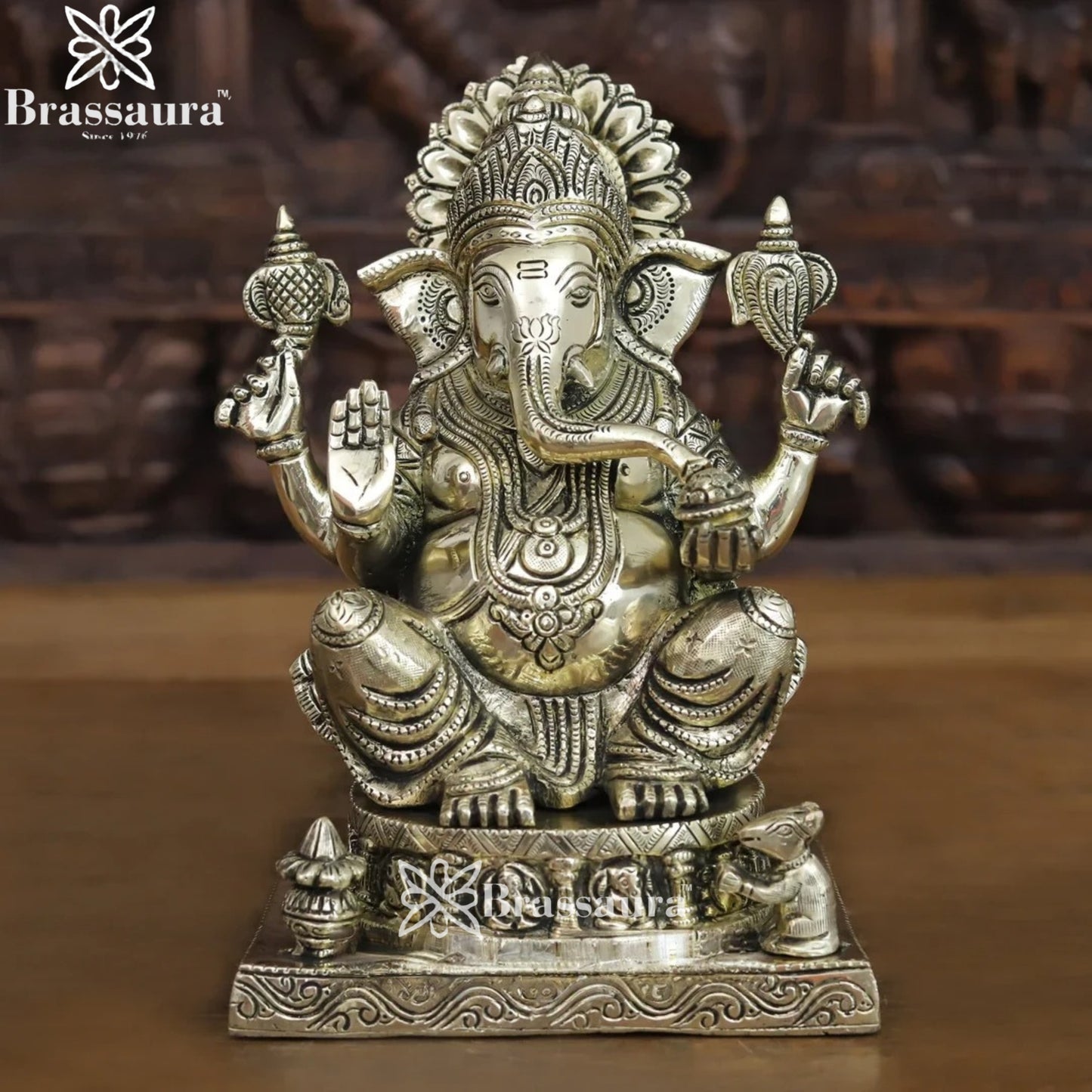 Brass Silver Patina Ganesha Weight 6.64 Kg & Height 10 Inch