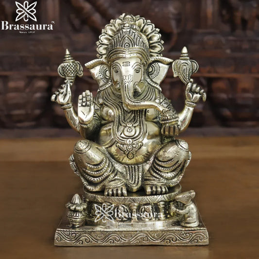 Brass Silver Patina Ganesha Weight 6.64 Kg & Height 10 Inch