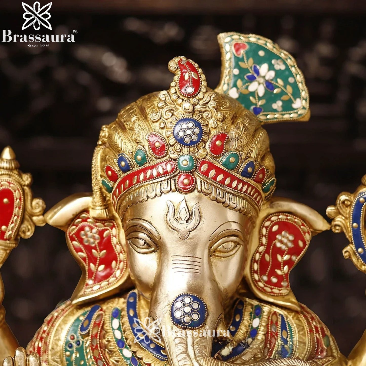 Brass Gem Stone Work Turban Ganesha Weight 27.9 Kg & Height 21 Inch