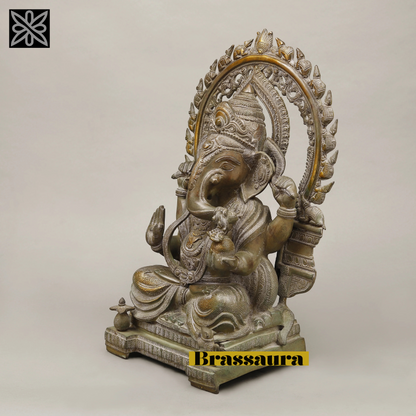 Brassaura™ Brass Ganesh Seated with Rat Frame – Green Antique Finish – Height 20 Inches, Weight 19.06 Kgs