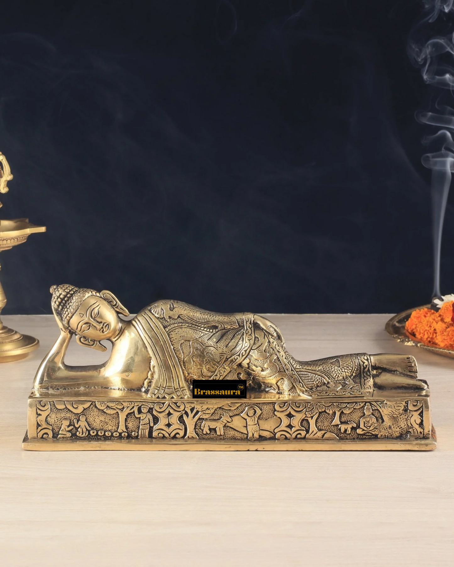Brassaura™ Pure Brass Resting Buddha Idol – Height 4.6 Inches, Weight 2.55 Kgs