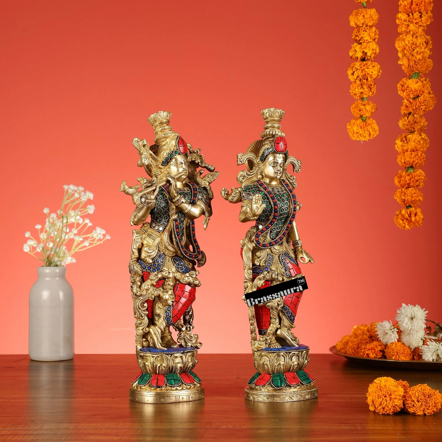 Brassaura™ Handcrafted Brass Radha Krishna Statue with Natural Stones – Height 14 Inches & Weight 8.5 Kgs | Elegant Devotional Idol