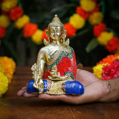 Brass Bhumisprasa Gem Stone Work Buddha Weight 1.1 kg & Height 6 Inch