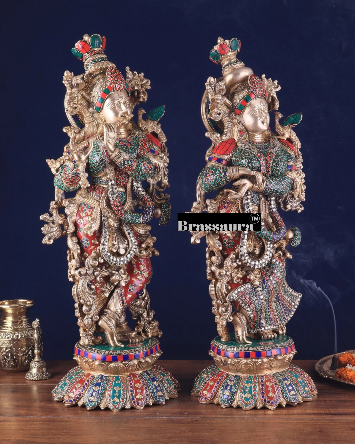 Brassaura™ Pure Brass Radha Krishna Statue with Triple-Layered Meenakari – Height 27 Inches & Weight 40 Kgs | Majestic Devotional Idol