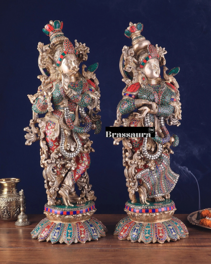 Brassaura™ Pure Brass Radha Krishna Statue with Triple-Layered Meenakari – Height 27 Inches & Weight 40 Kgs | Majestic Devotional Idol
