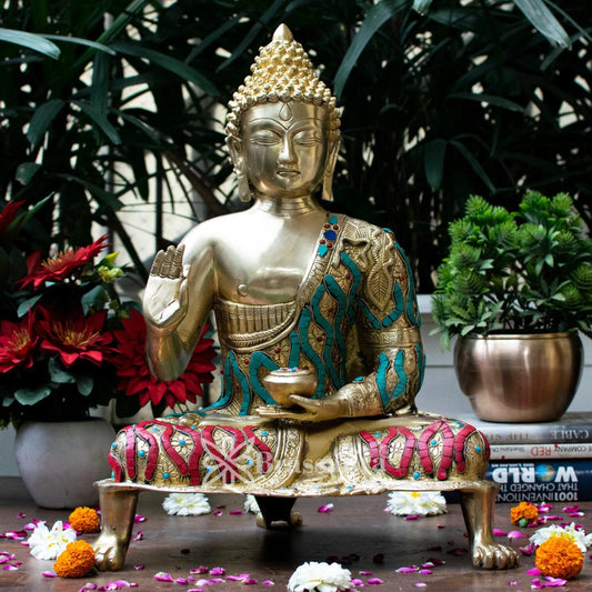 Brass Blessing Antique Buddha Weight 10.5 kg & Height 20 Inch