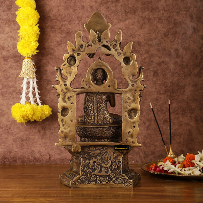 Brassaura™ Pure Brass Seated Buddha on Engraved Aasan and Arch – Height 16 Inches, Weight 6 Kgs