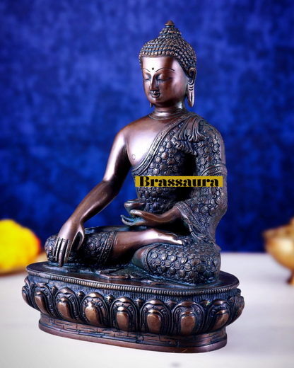 Brassaura™ Pure Brass Antique Medicine Buddha Statue – Height 13.5 Inches, Weight 6.8 Kgs