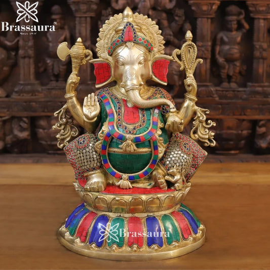 Brass Gem Stone Work Ganesha Weight 13.8 Kg & Height 17 Inch