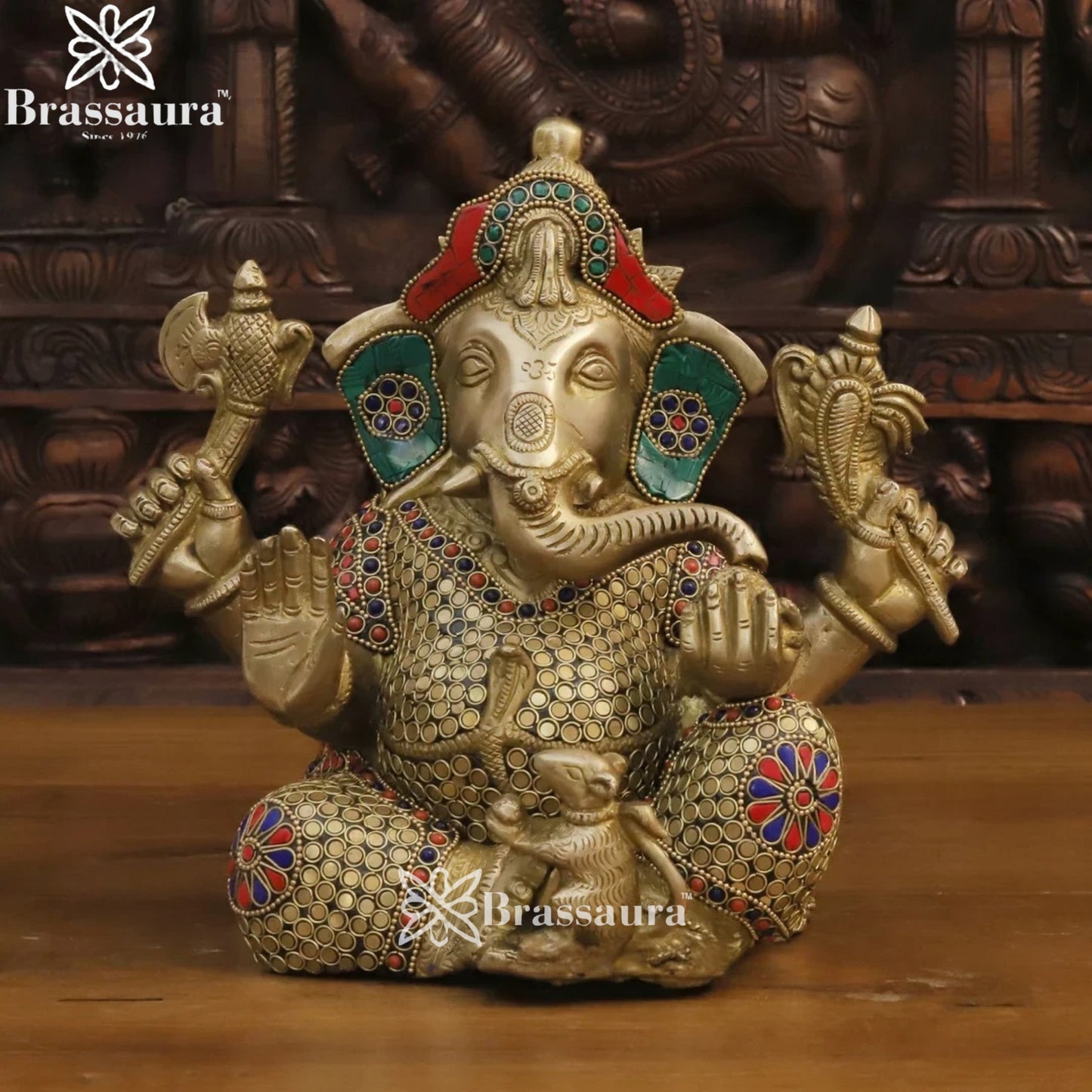 Brass Gem Stone Work Ganesha Weight 9 Kg & Height 12 Inch