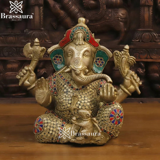 Brass Gem Stone Work Ganesha Weight 9 Kg & Height 12 Inch