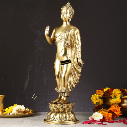 Brassaura™ Brass Standing Buddha Statue – Height 21.5 Inches & Weight 7.40 Kgs | Handcrafted Spiritual Decor for Home & Office