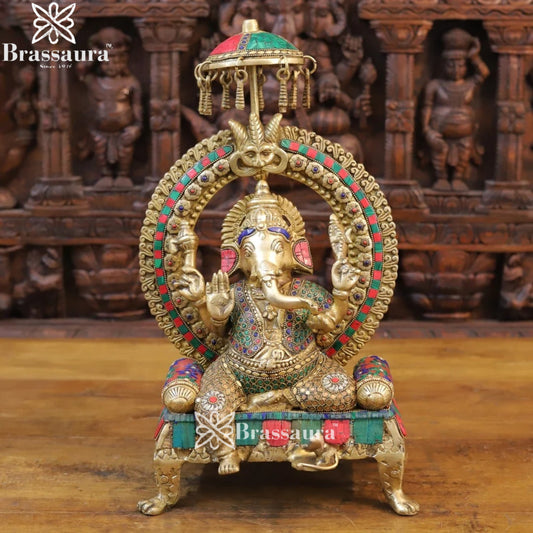 Brass Ring Gem Stone Work Ganesha Weight 9.2 Kg & Height 17.5 Inch