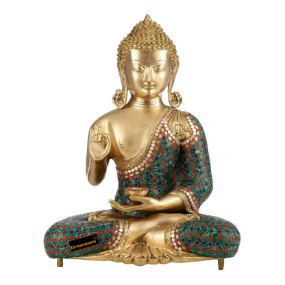 Brassaura™ Pure Brass Buddha Idol – Abhaya Mudra with Medicine Bowl – Height 20 Inches, Weight 20 Kgs