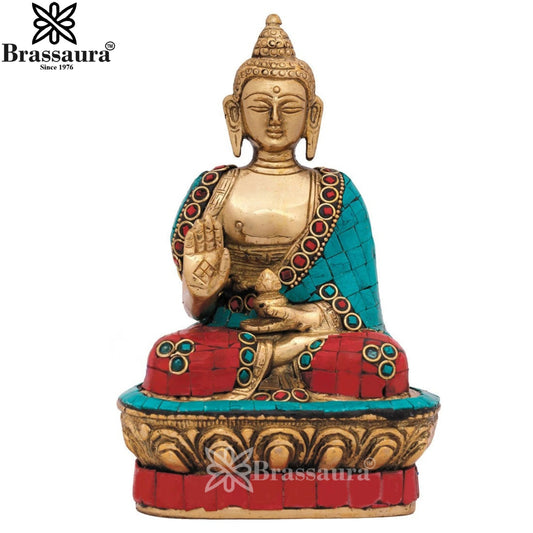 Brassaura® Buddha Sitting in Blessing Mudra Idol with Gem Stone Work Finish and Base | Pure Superfine Brass Handcrafted Murti | Brass Statue for Home Temple, Pooja Room | Height 7 Inches | Weight 1 Kg