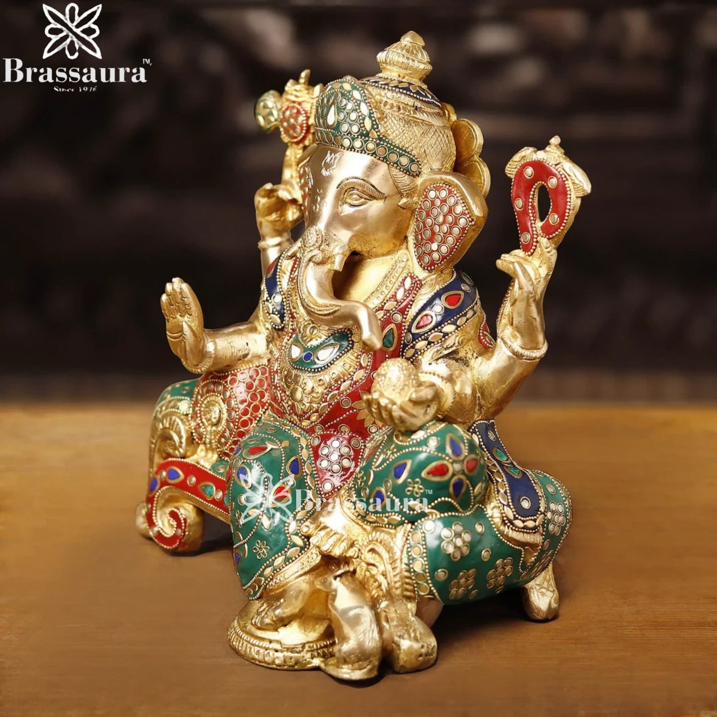 Brass Gem Stone Work Ganesha Weight 6.4 Kg & Height 12 Inch