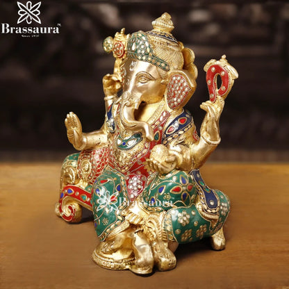 Brass Gem Stone Work Ganesha Weight 6.4 Kg & Height 12 Inch