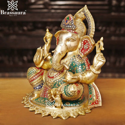 Brass Gem Stone Work Ganesha Weight 13 Kg & Height 13.5 Inch