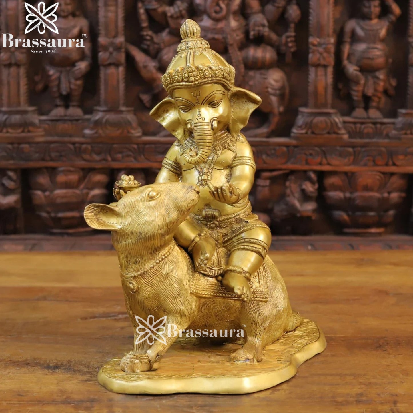Brass Ganesha On Rat Weight 9.4 Kg & Height 15 Inch