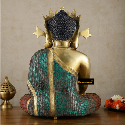 Brassaura™ Brass Crown Buddha Statue with Copper Wire Work – Height 22 Inches, Weight 23.78 Kgs