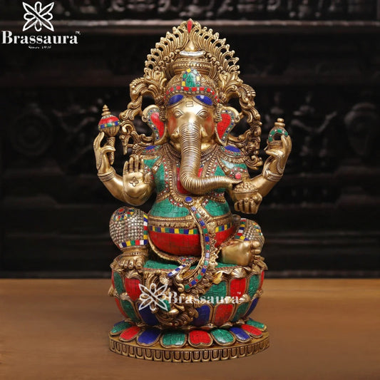 Brass Gem Stone Work Lotus Ganesha Weight 35 Kg & Height 26 Inch