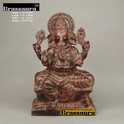 Brassaura™ Brass Ganesh Seated in Blessing Posture – Rustic Copper Finish – Height 22.5 Inches, Weight 22.85 Kgs