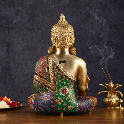 Brassaura™ Pure Brass Medicine Healing Buddha Statue with Meenakari Work – Height 16 Inches, Weight 11 Kgs