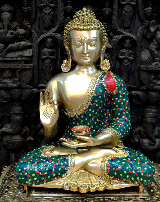 Brassaura™ Pure Brass Blessing Buddha Statue with Medicine Bowl – Height 20 Inches, Weight 20 Kgs