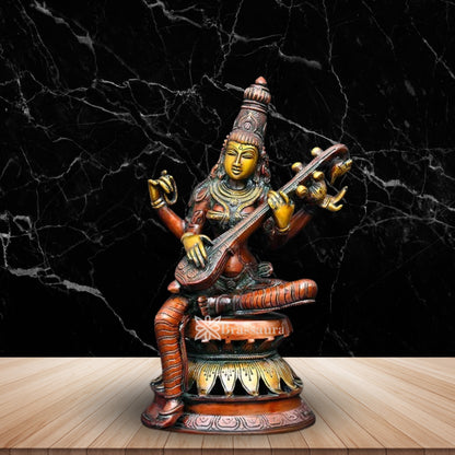 Brassaura™ Brass Saraswati Idol – Height 12 Inches & Weight 4.4 Kgs | Elegant Home & Temple Décor