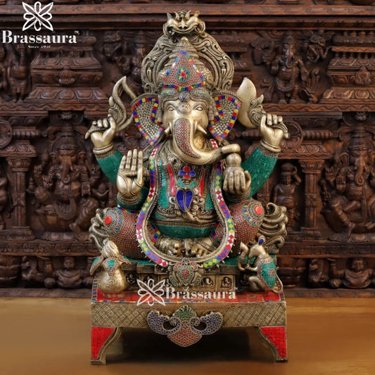 Brass Gem Stone Work Jewellery Ganesha Weight 61.5 Kg & Height 34 Inch