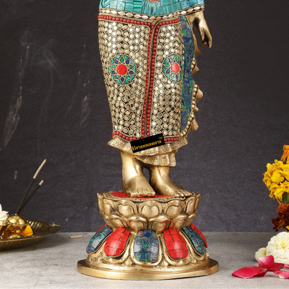 Brassaura™ Brass Standing Buddha Statue with Meenakari Stonework – Height 21.5 Inches, Weight 7.4 Kgs