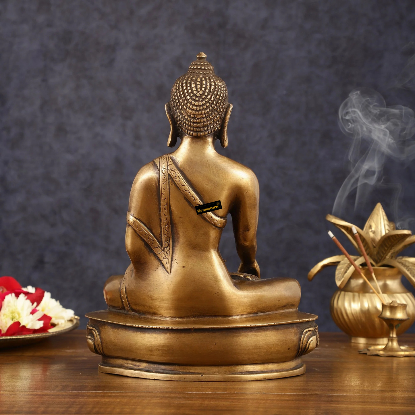 Brassaura™ Pure Brass Antique Tone Buddha Statue – Hand Down – Height 9.5 Inches, Weight 2.73 Kgs